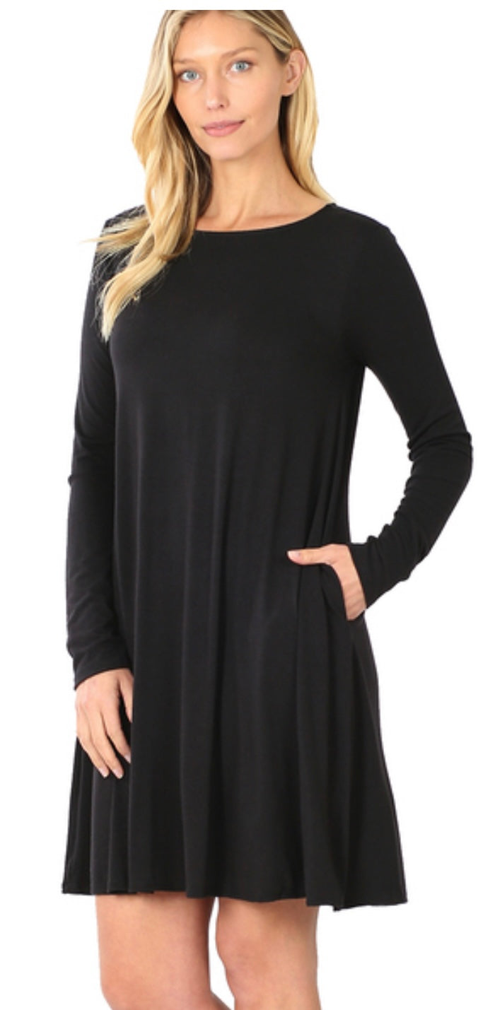 7098- Black Long Sleeve T-Shirt Dress w/ Pockets