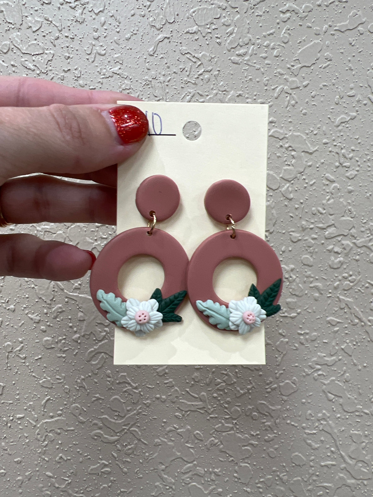 1254- Mauve Circle Clay Earrings 2/ Floral Detail