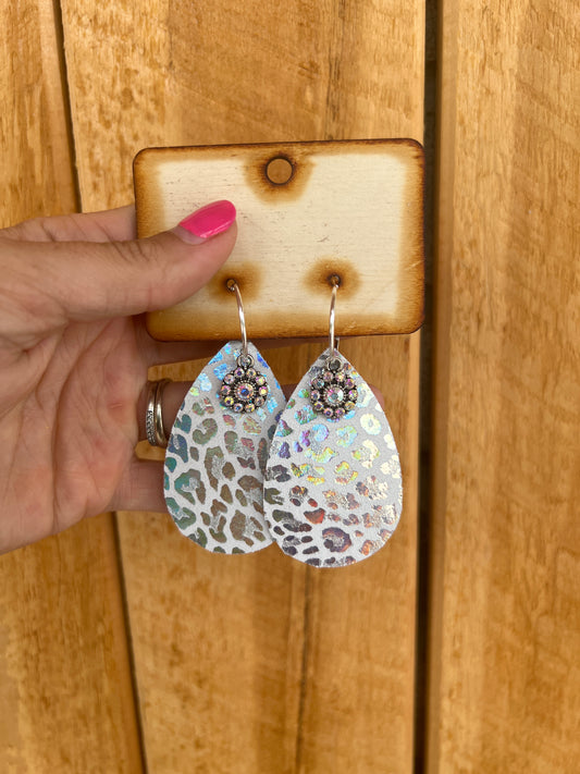 6358- Holographic Silver Cheetah Earrings