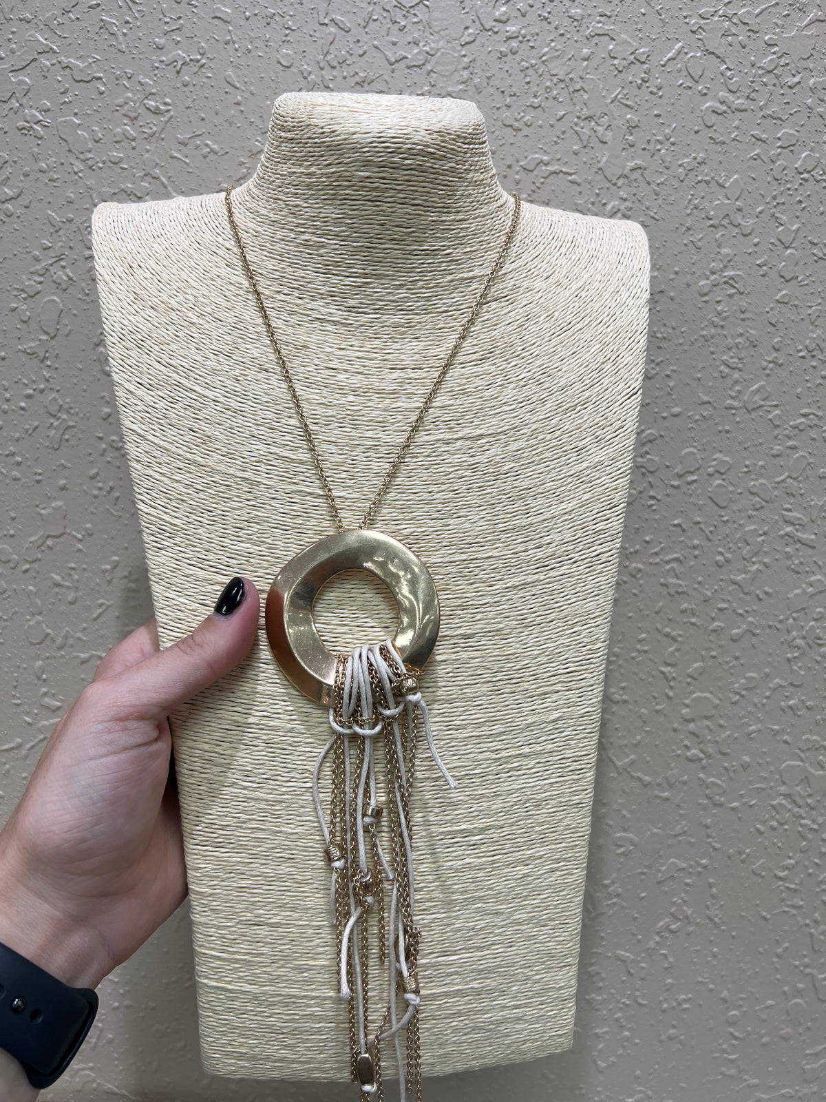 1754- Gold Hoop Necklace w/ Fringe-Like Detail