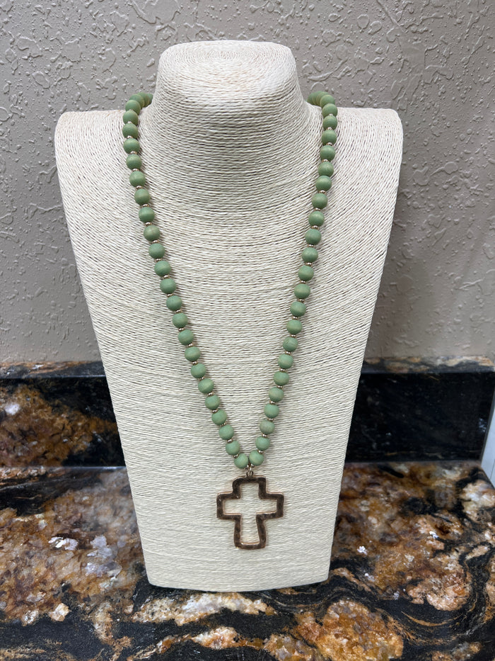 7390- Sage Wood Bead w/ Cross Pendant