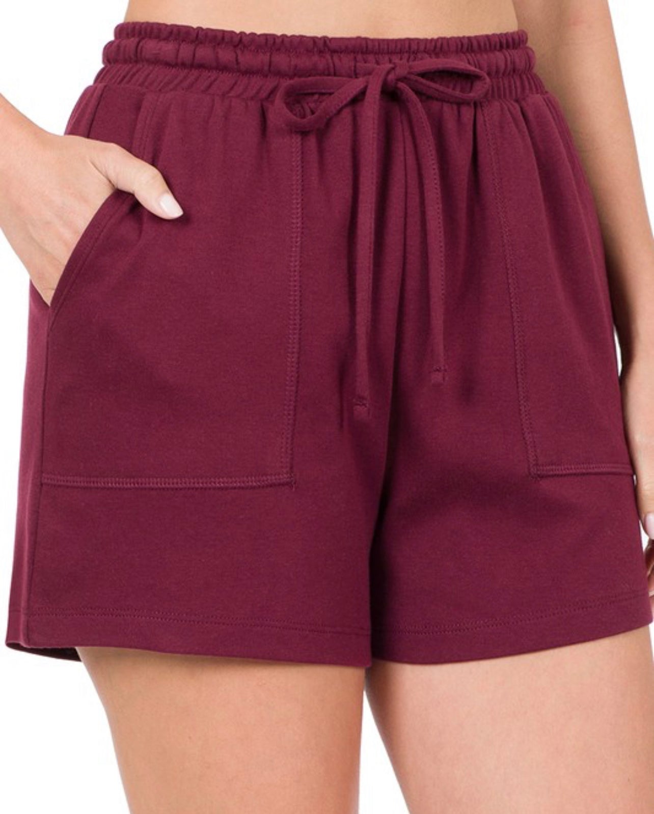 7621- Dark Burgundy Cotton Drawstring Shorts w/ Pockets