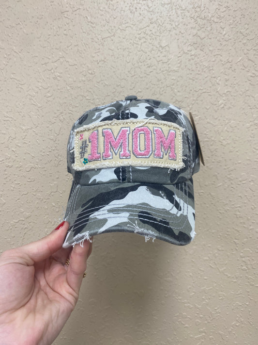 430- Camo #1 MOM Distressed Hat