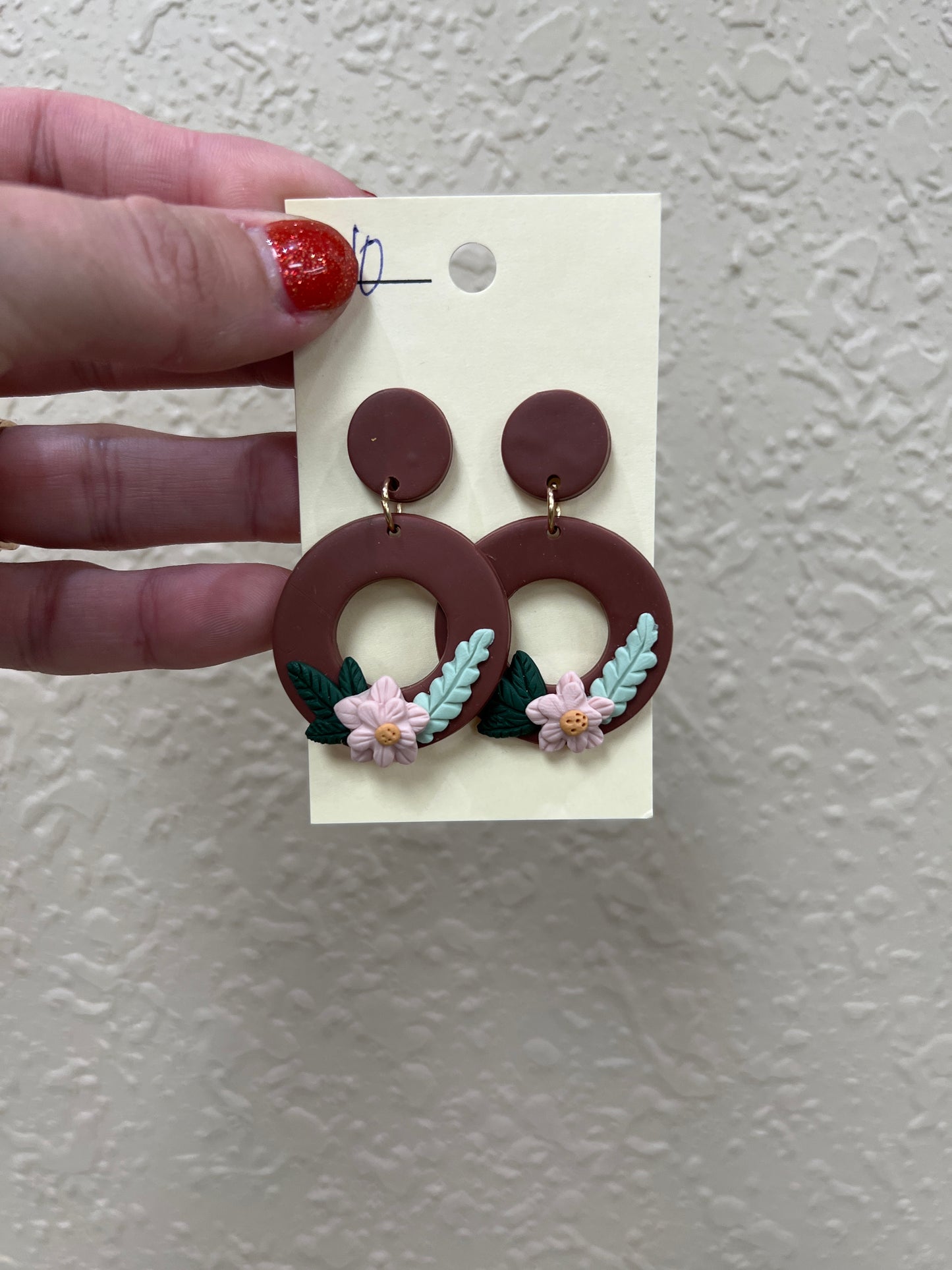 1253- Maroon Circle 2/ Flower Clay Earrings