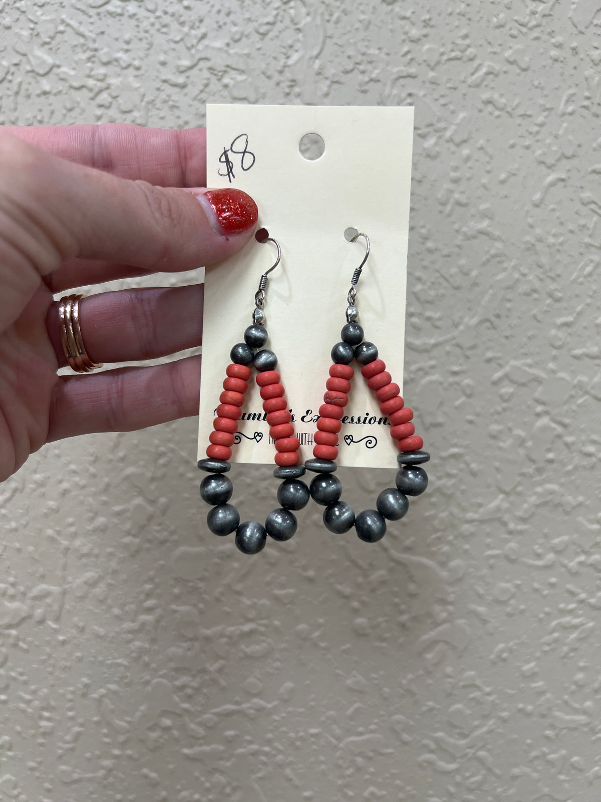 1283- Gunmetal Hoop w/ Coral Earring