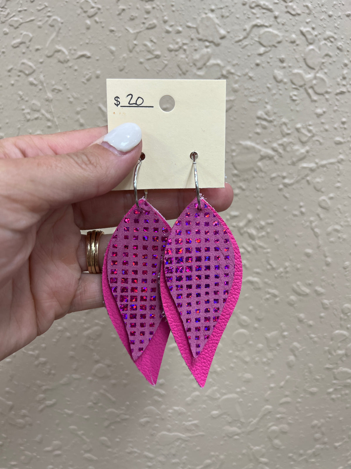 6852- Pink Checkered Leather Earrings