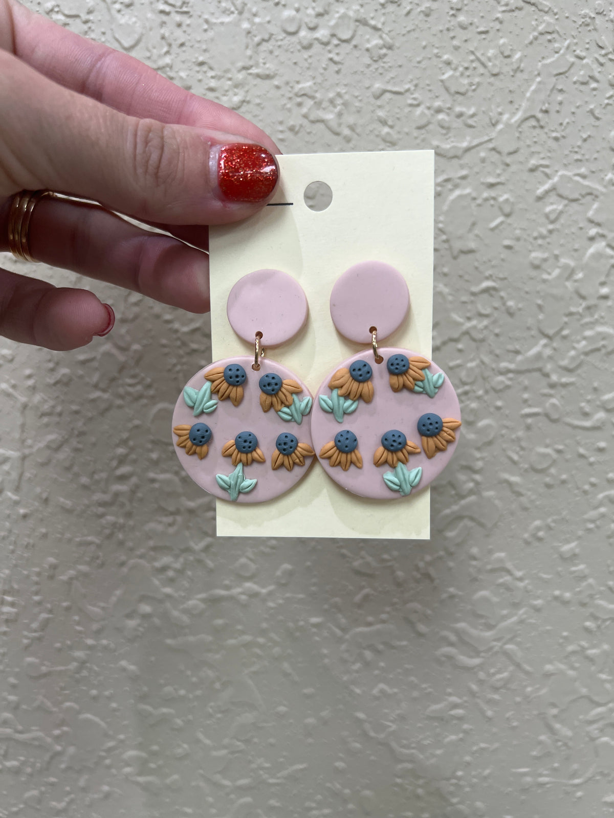 1260- Rose Pink Clay Earrings w/ Floral Print