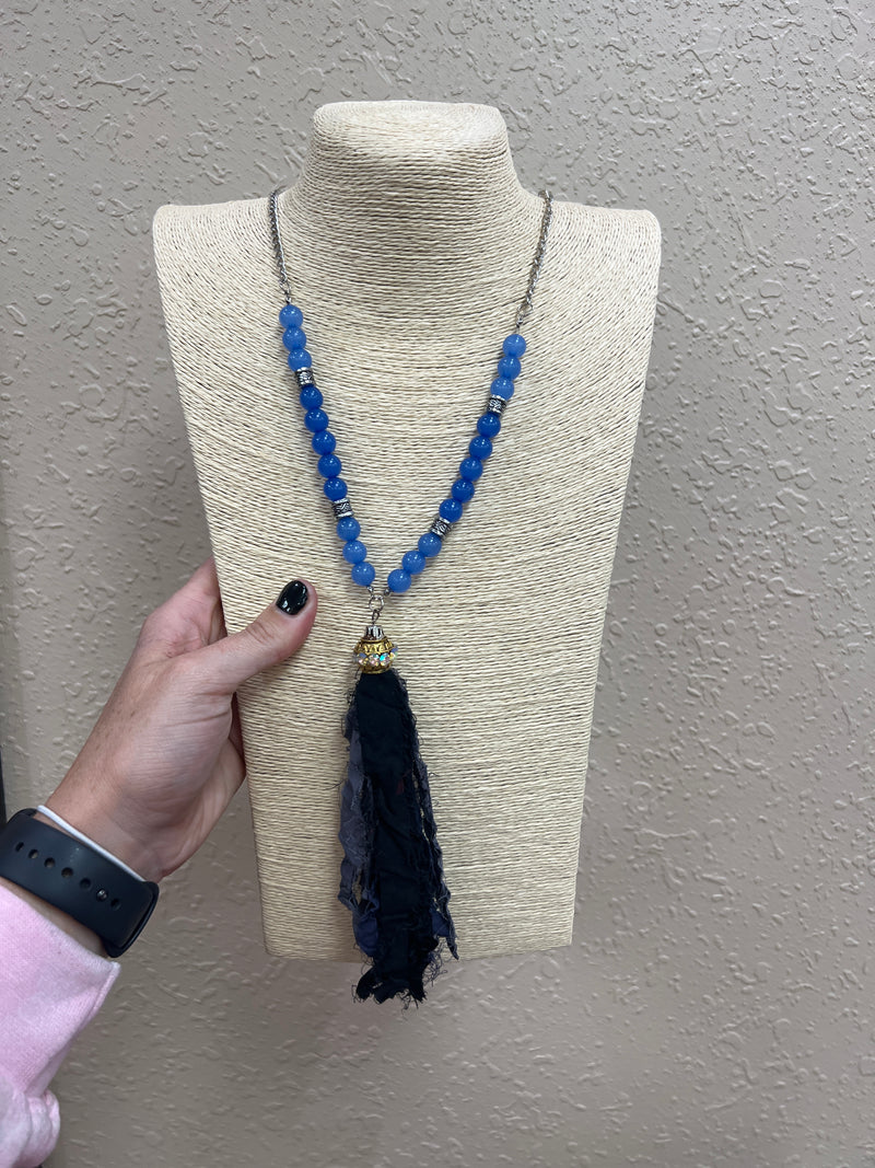 1641- Blue Beaded Tassel Necklace