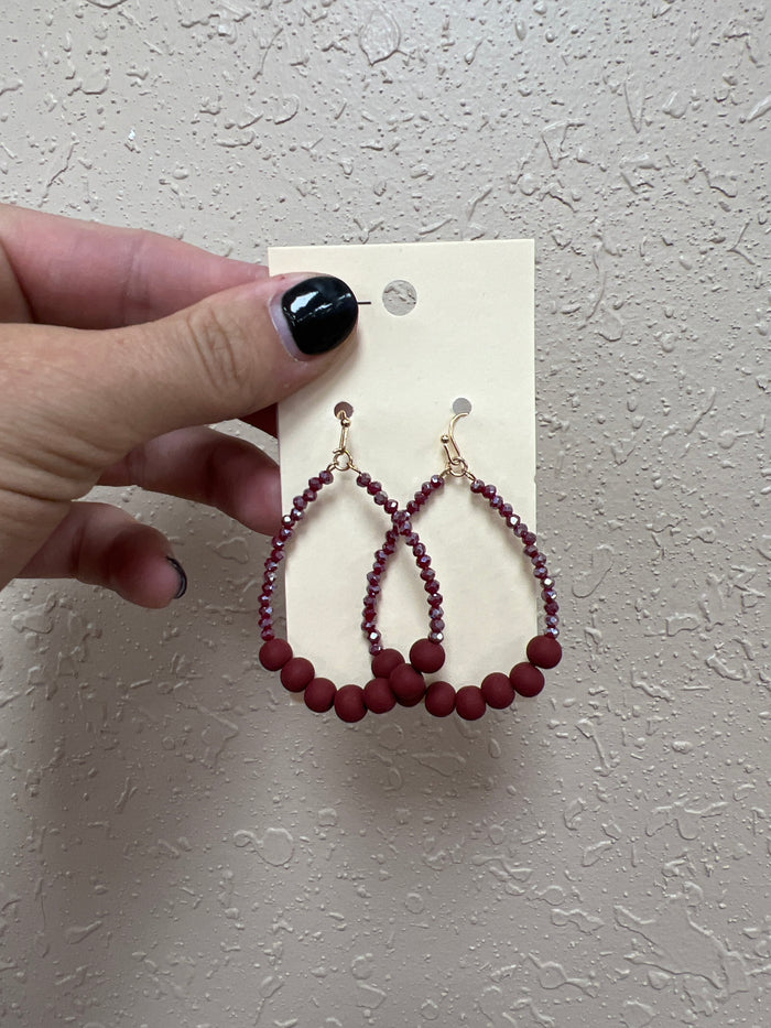 6747- Maroon Teardrop w/ Bead Earrings