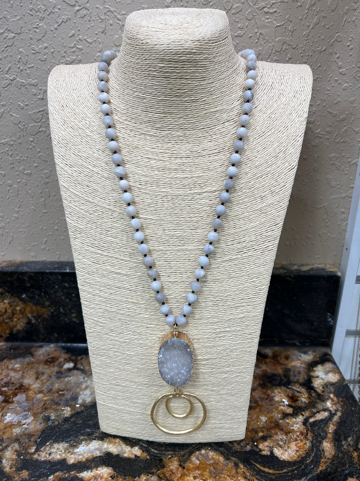 7760- White Stone Pendant w/ Gold Hoop