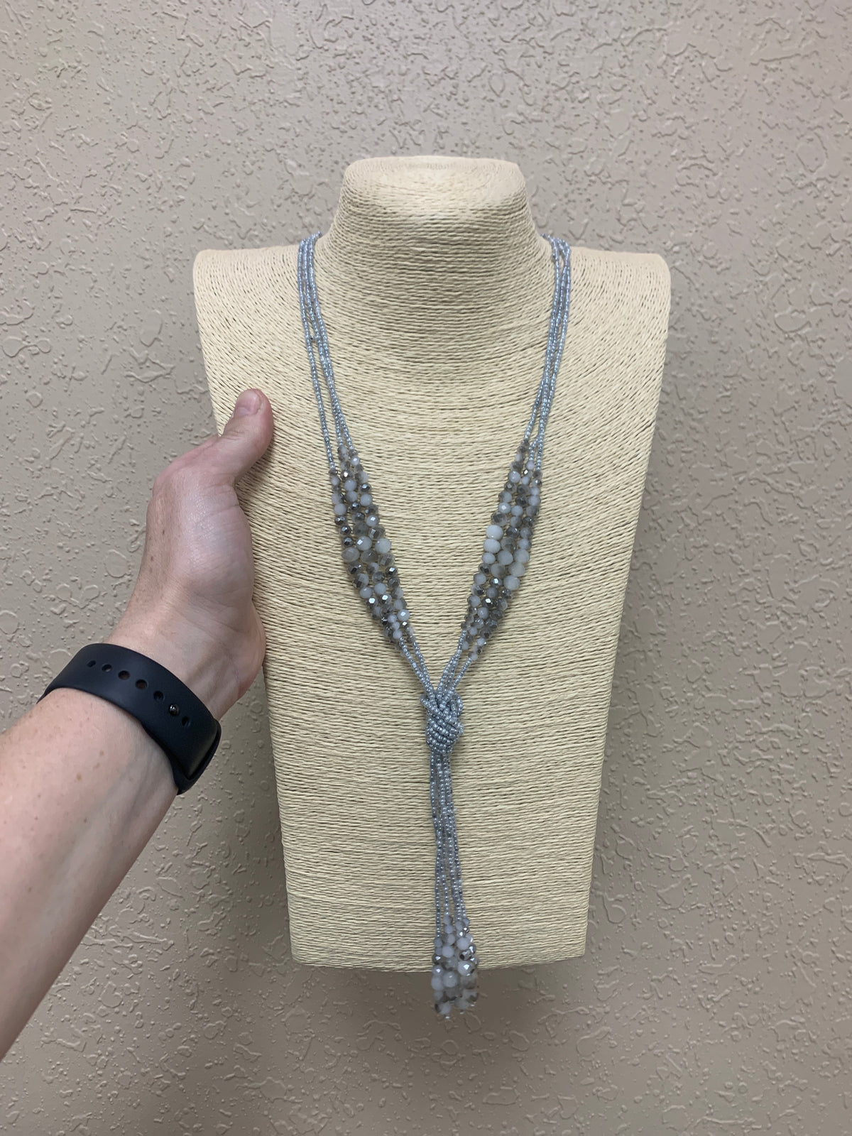 635- Silver Beaded Necklace w/ Tassel