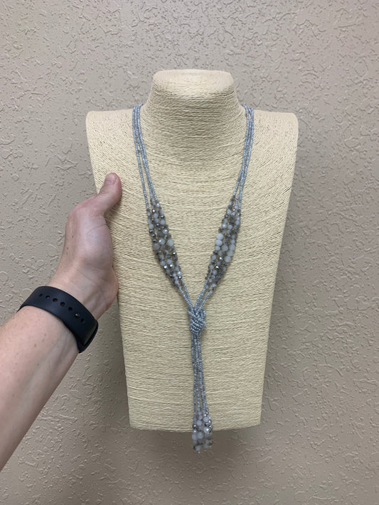 635- Silver Beaded Necklace w/ Tassel