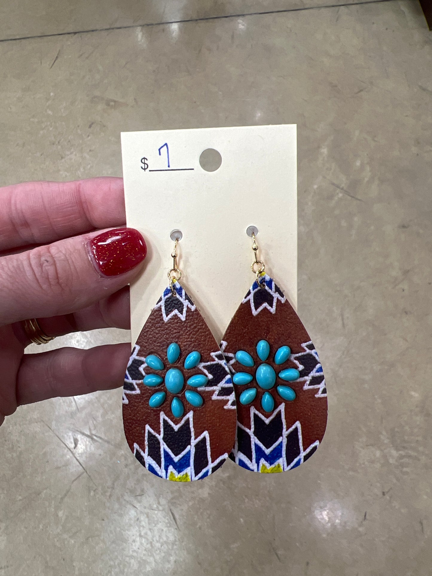 7501- Aztec Teardrop Leather Earrings w/ Turquoise Detail