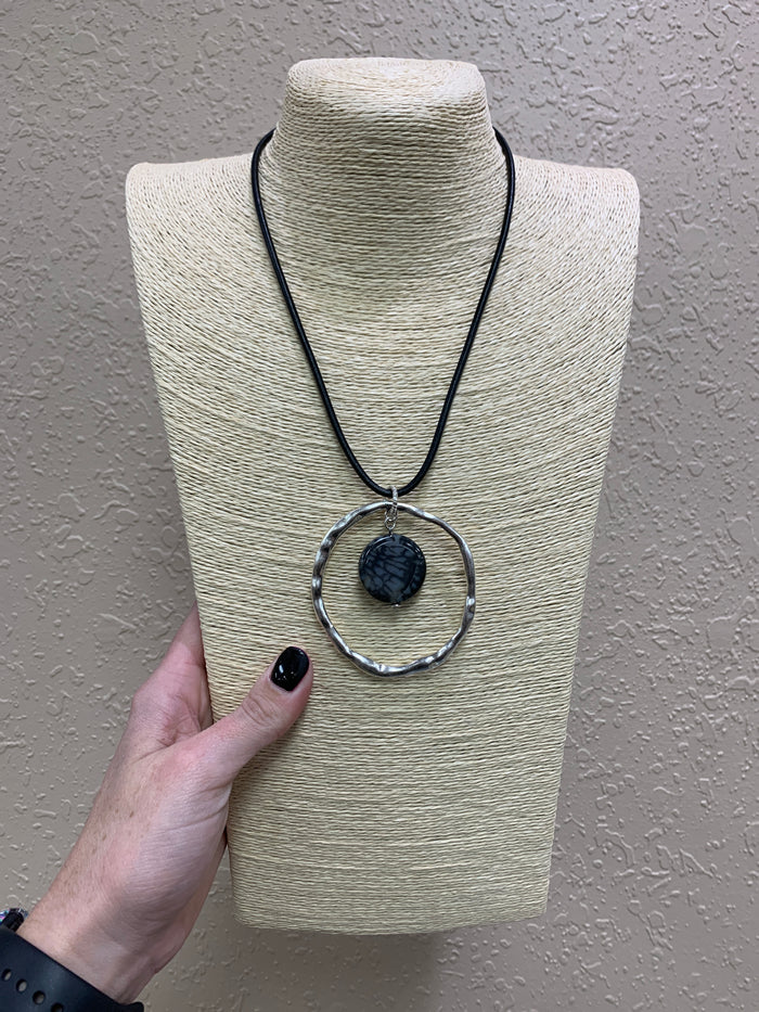 249- Black Corded Necklace w/ Silver & Stone Pendant