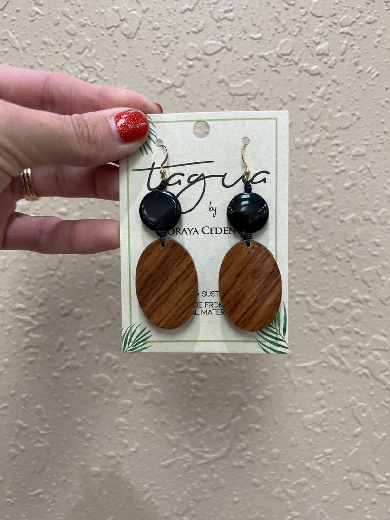 1244- Black & Wood Oval Tagua Nut Earrings