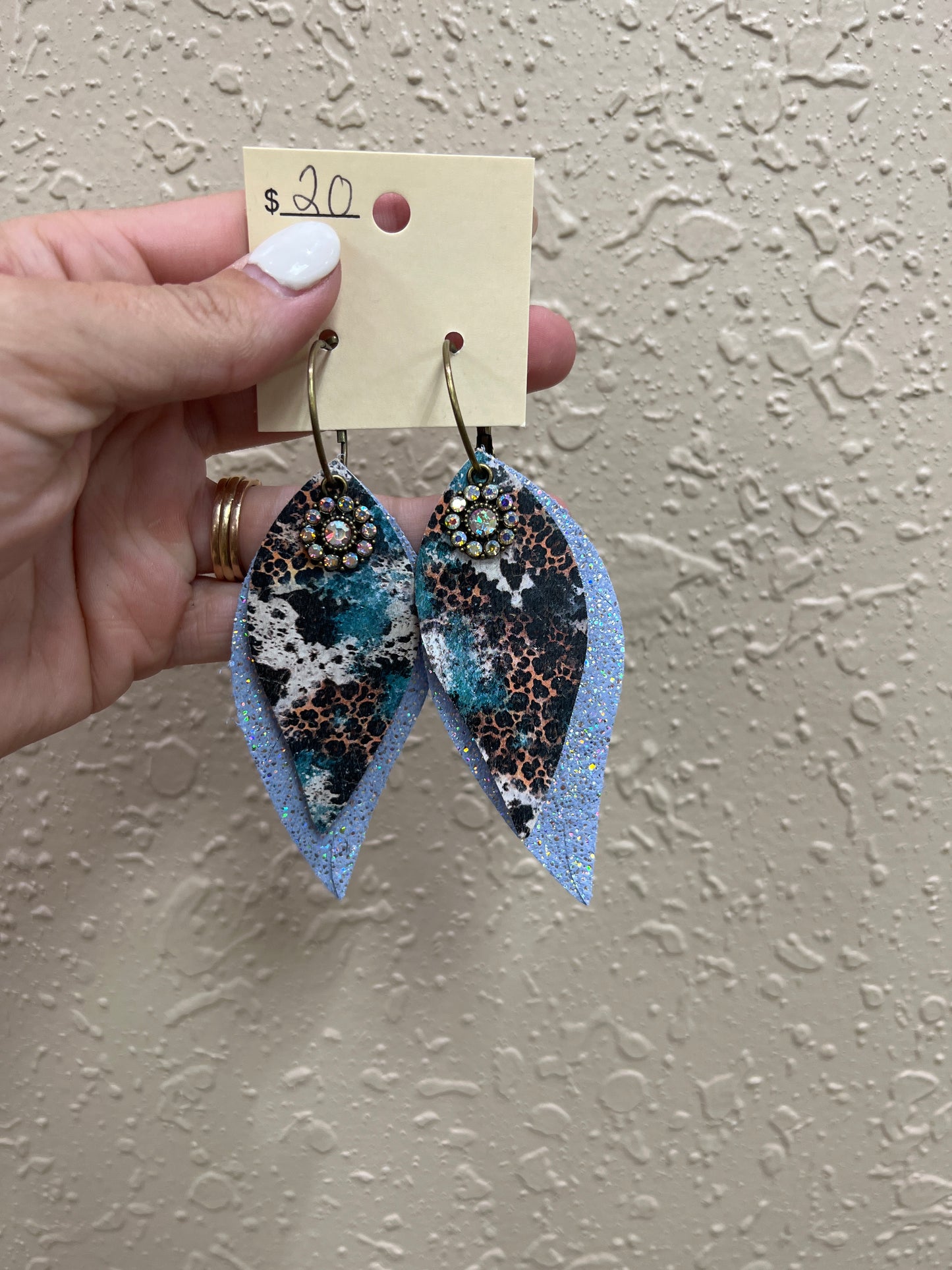 6844- Western Style Leather w/ Light Blue Background  Earrings