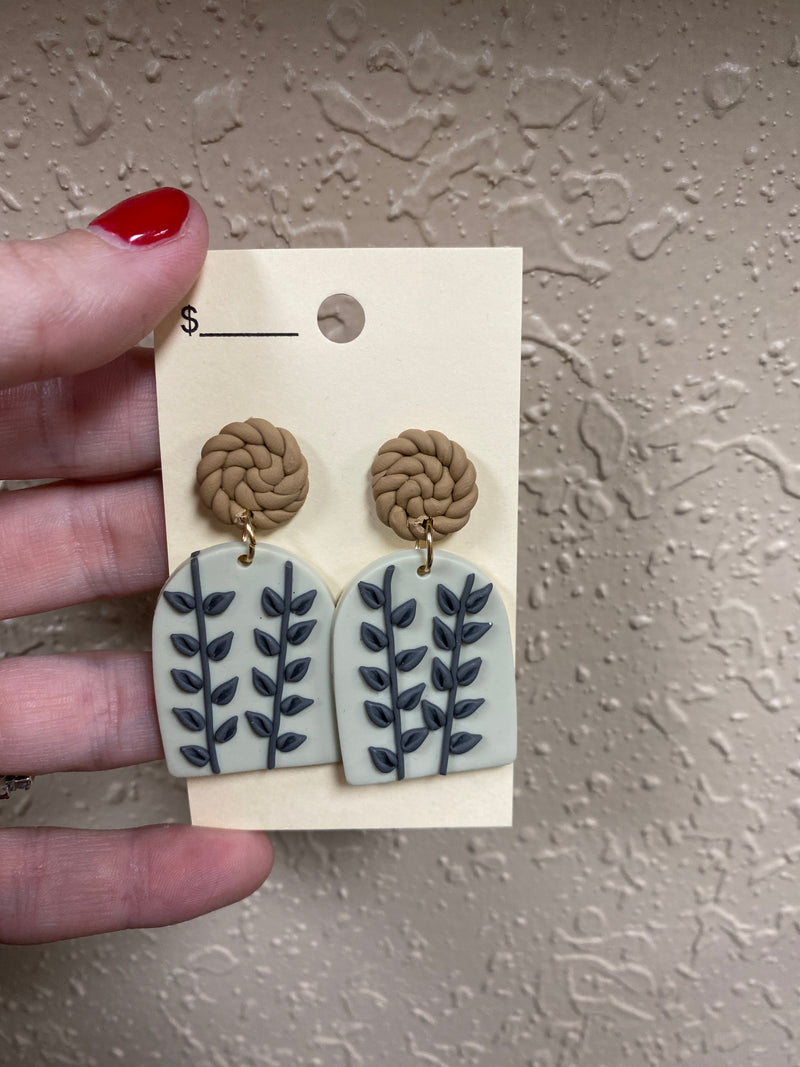 336- Gray w/ Brown Floral Clay Earrings