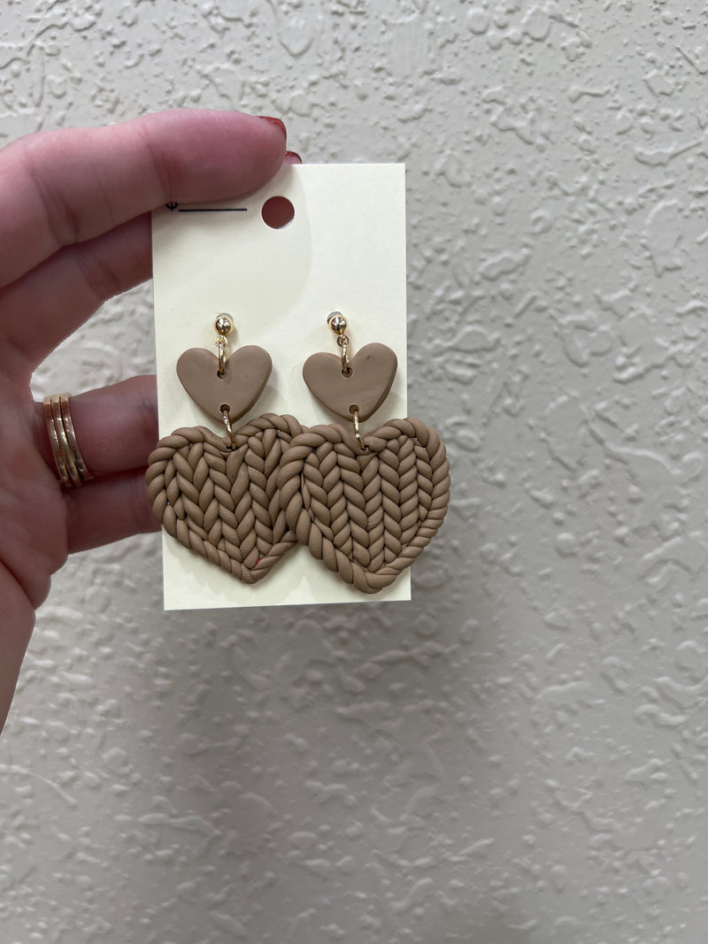 1316- Brown Heart Weave Clay Earrings