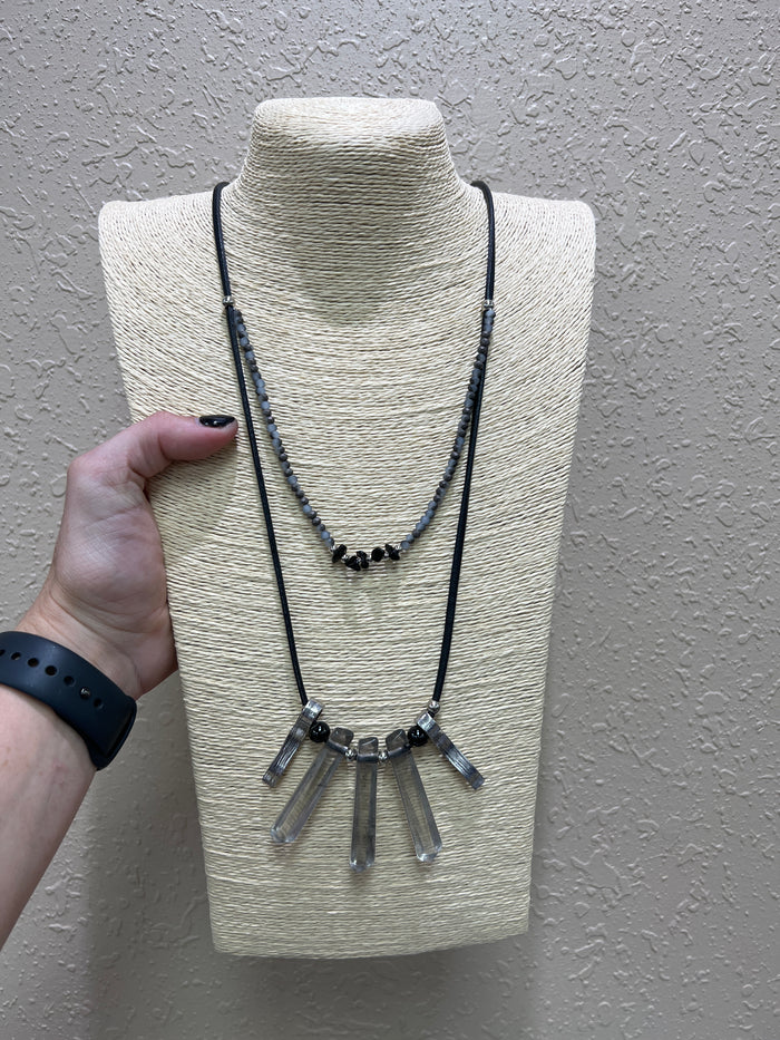 1755- Black Double Layer Necklace w/ Crystal Detail