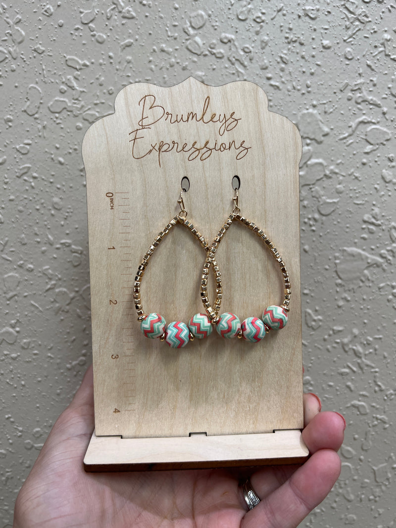 6604- Coral & Mint Gold Teardrop Beaded Earrings