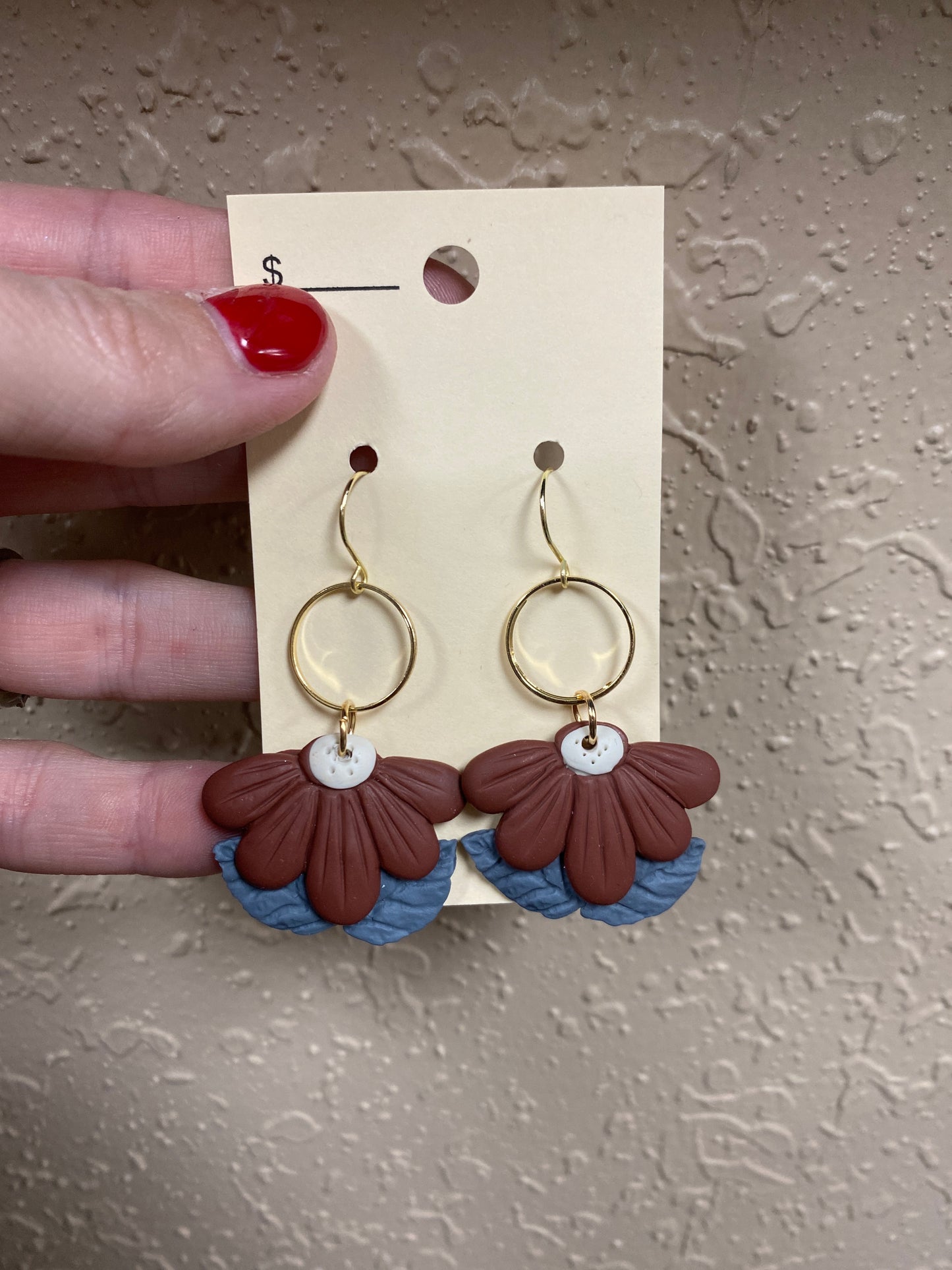 328- Maroon Floral Fishhook Back Clay Earring