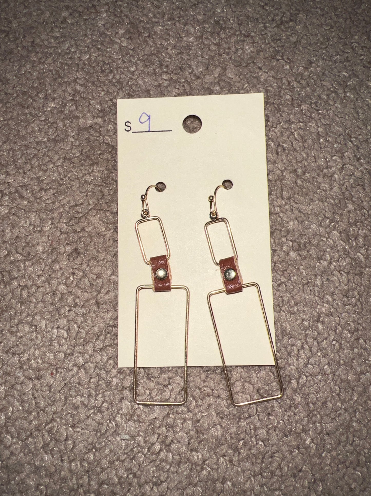 7897- Gold Rectangle W/ Leather Detail Earrings