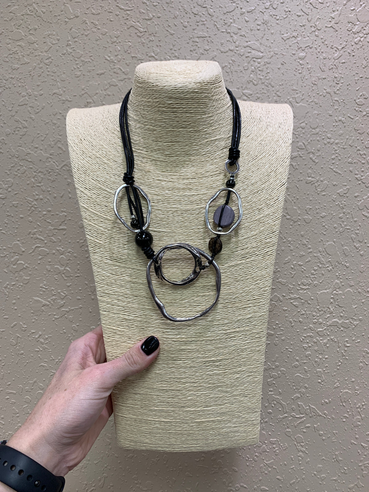 248- Black Corded Necklace w/ Circle Silver Pendants