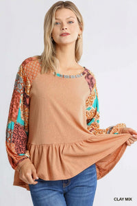 1739- Umgee Clay Mixed Print Sleeve W/ Ruffle Top