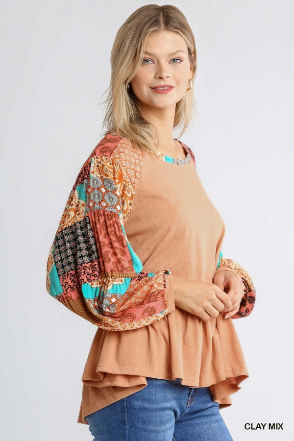 1739- Umgee Clay Mixed Print Sleeve W/ Ruffle Top