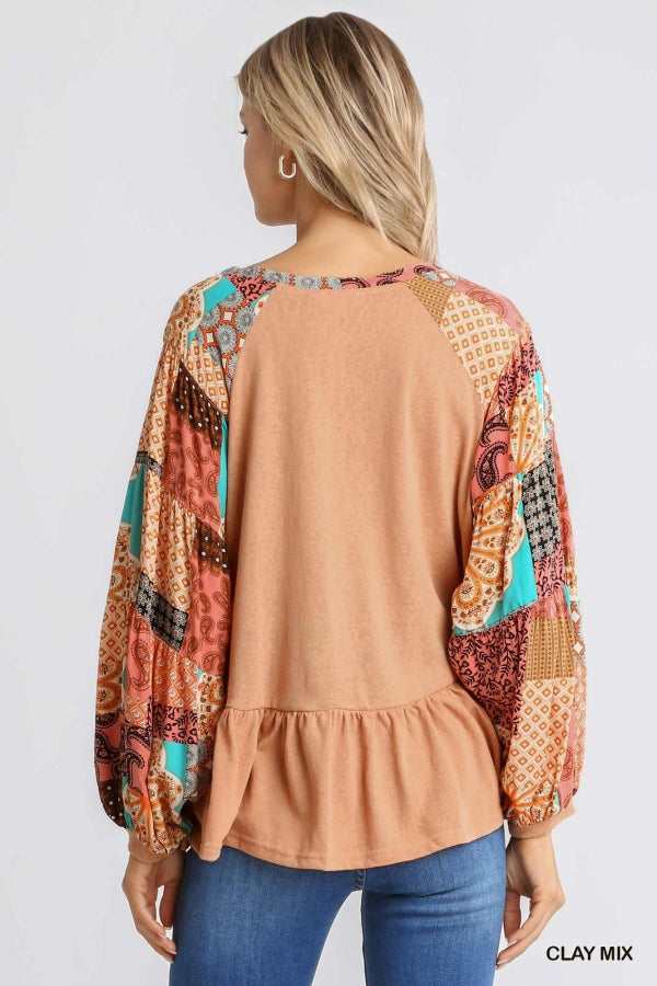 1739- Umgee Clay Mixed Print Sleeve W/ Ruffle Top