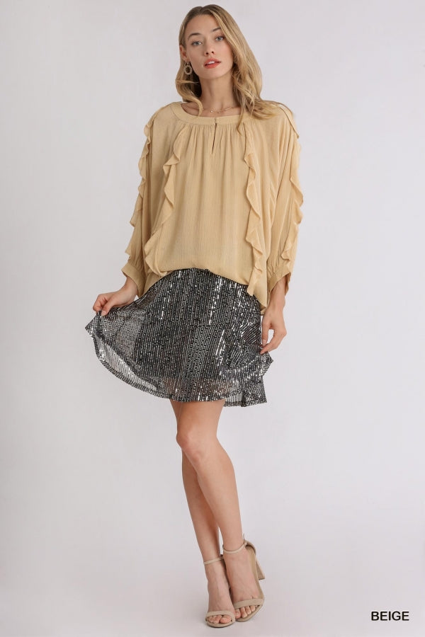 7217- Umgee Beige Ruffled Long Sleeve Top with Keyhole Detail