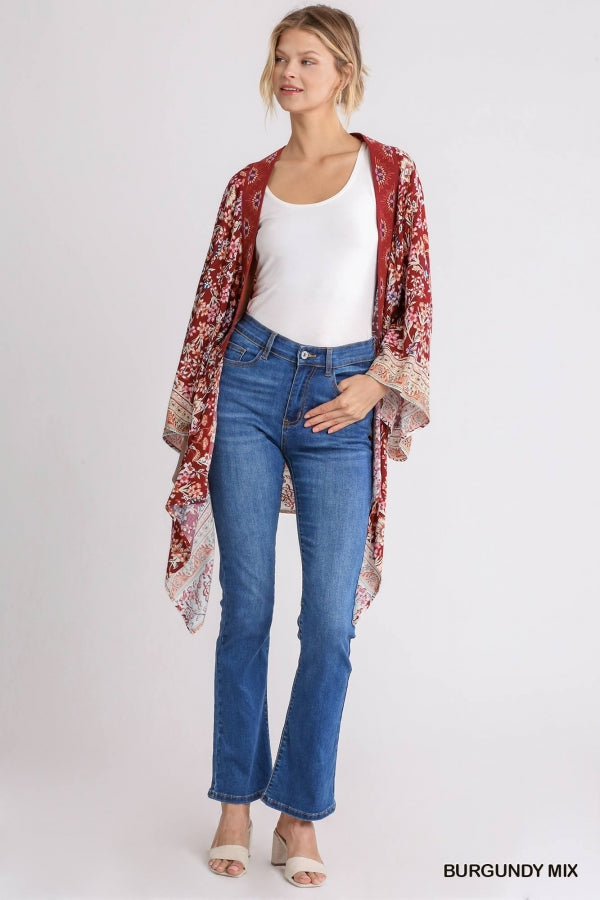 1743- Umgee Burgundy Mix Print Open Front Kimono