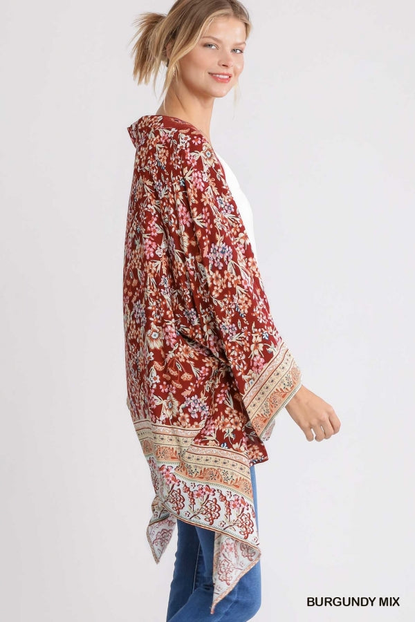 1743- Umgee Burgundy Mix Print Open Front Kimono