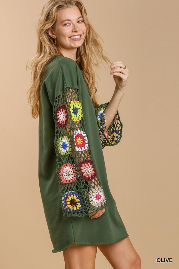 7214- Umgee Olive French Terry Round Neck Color Crochet Long Sleeve Dress