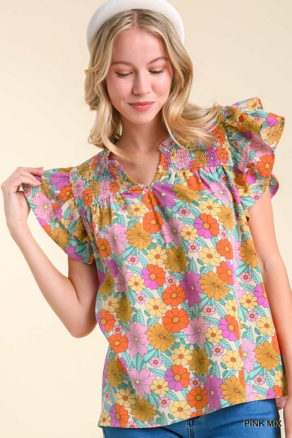 8014-Pink Mix Split Neck Floral Print Short Sleeve Top [UMGEE]