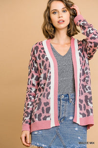 1744- Umgee Mauve Leopard Print Open Front Sweater