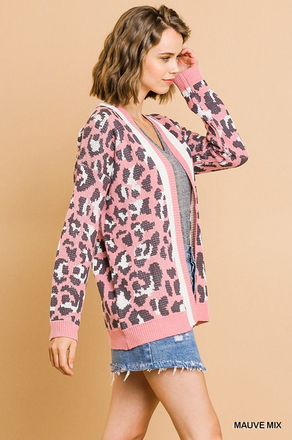 1744- Umgee Mauve Leopard Print Open Front Sweater