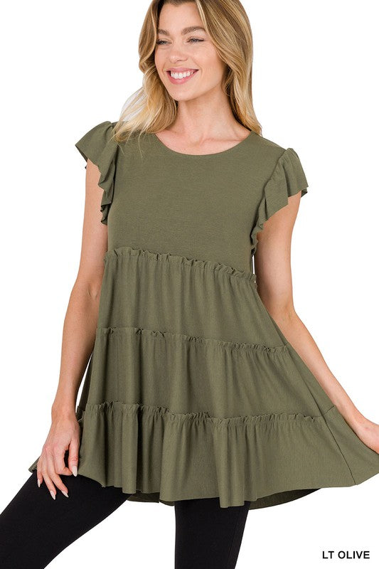 1396- Lt Olive Tier Short Sleeve Top w/ Ruffle Sleeves