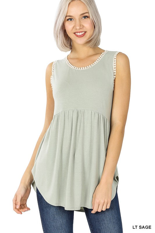 1458- Lt Sage Babydoll Tank Top w/ Pom Detail