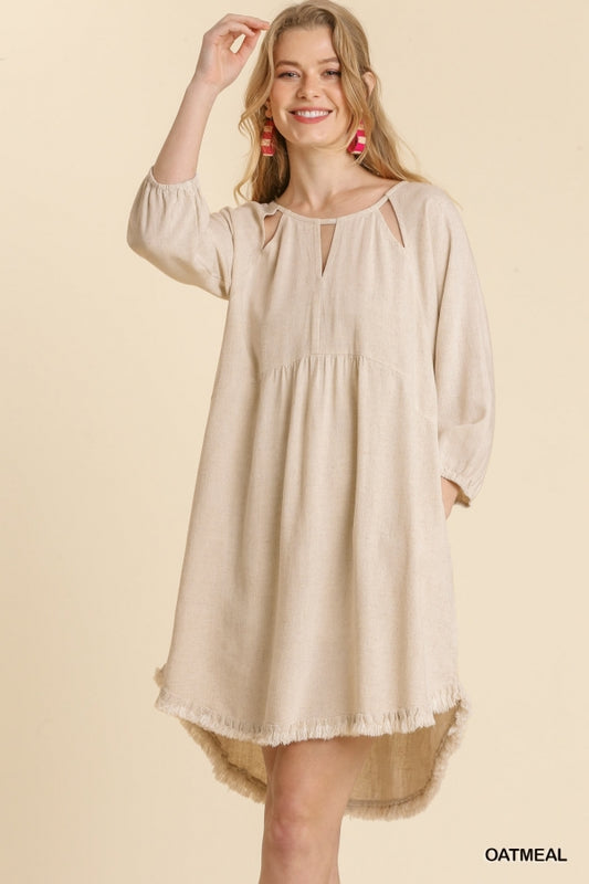 7213- Umgee Oatmeal Linen Cut Out Neck Dress