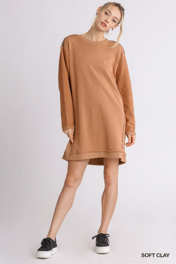 1749- Umgee Clay French Terry Long Sleeve Dress w/ Cheetah Back