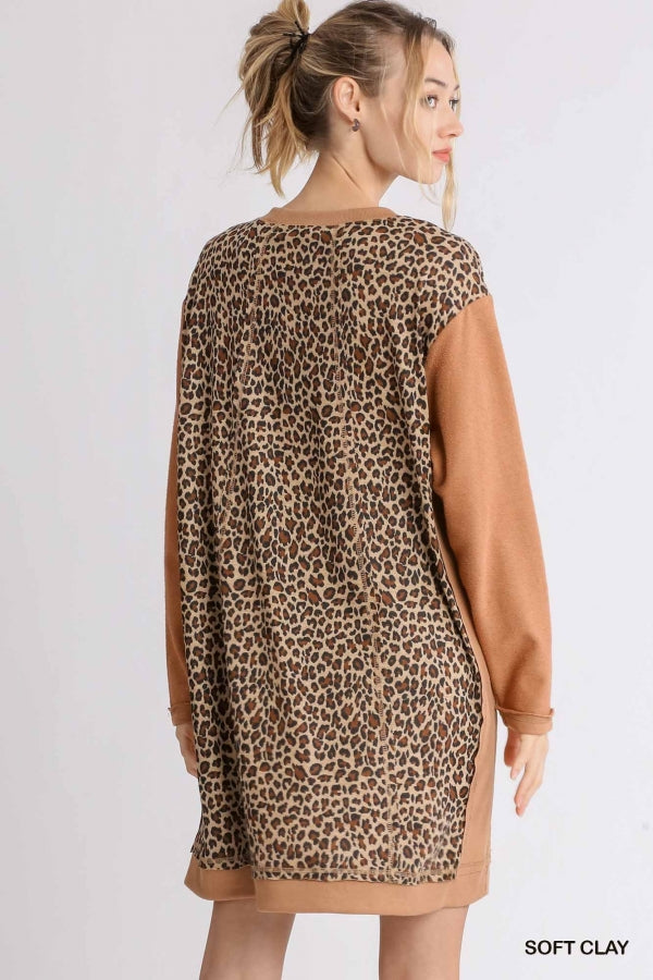 1749- Umgee Clay French Terry Long Sleeve Dress w/ Cheetah Back