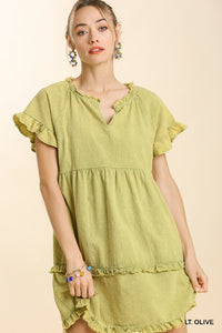 1581-Umgee Light Olive Mineral Wash Split Neck Short Ruffle Sleeve Tiered Ruffle Hem Dress