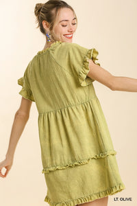 1581-Umgee Light Olive Mineral Wash Split Neck Short Ruffle Sleeve Tiered Ruffle Hem Dress