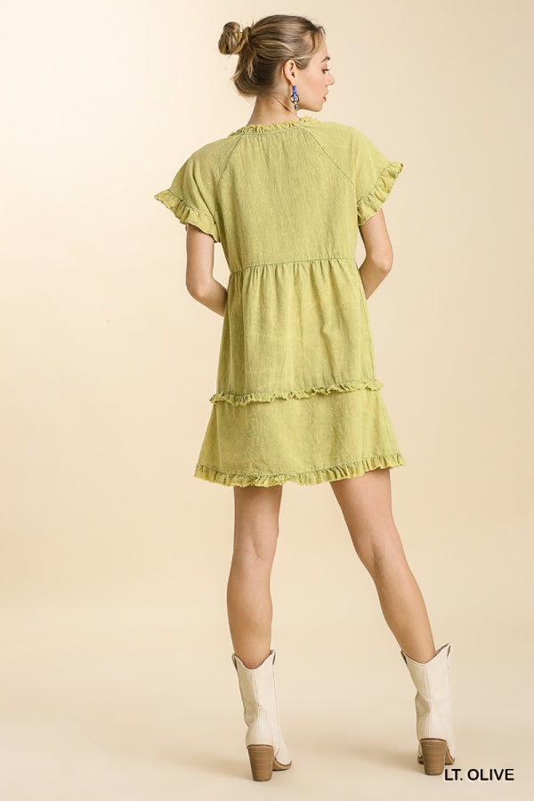 1581-Umgee Light Olive Mineral Wash Split Neck Short Ruffle Sleeve Tiered Ruffle Hem Dress