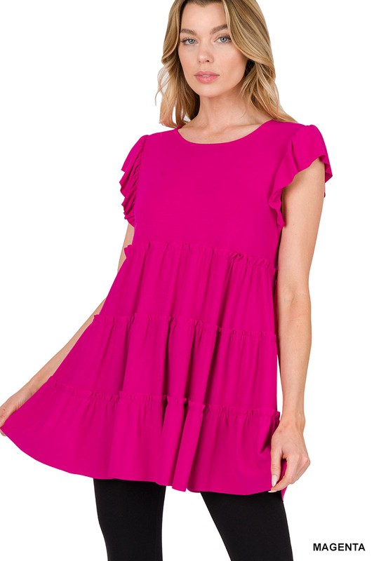 1397- Magenta Tier Short Sleeve Top w/ Ruffle Sleeves