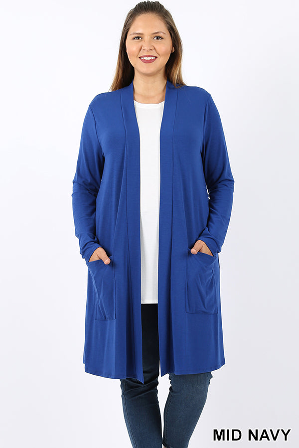 1369- Midnight Navy Long Sleeve Open Cardigan w/ Pockets (PLUS)