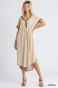 1695- Umgee Oatmeal Animal Print Trim Edge Midi Hi Low Dress