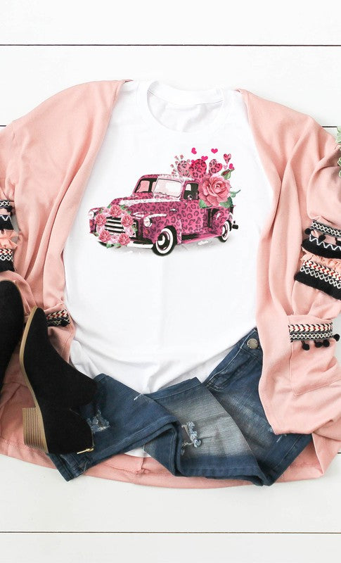 1571- Pink Truck W/ Hearts Graphic Tee