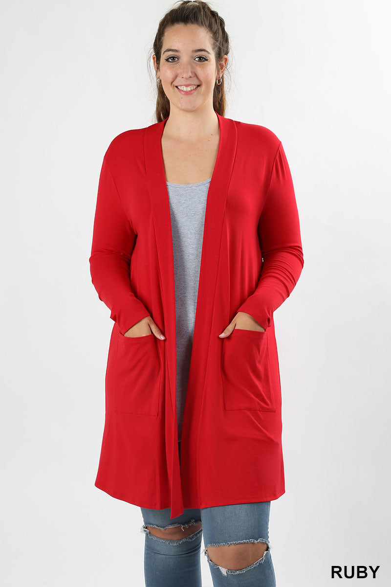 1370- Ruby Long Sleeve Open Cardigan w/ Pockets (PLUS)